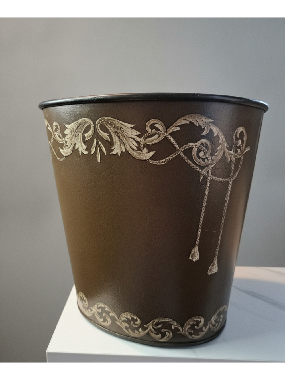 Vintage Dark Brown Ornate Antiqued Ivory Scroll Tapered Metal Wastebasket 10"